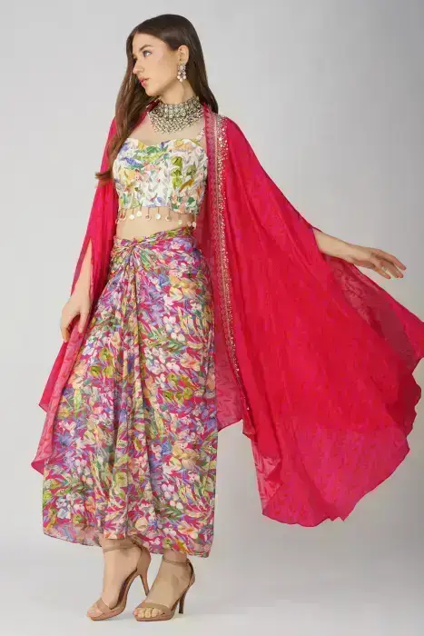 MULTI LEAF PRINT DRAPE SKIRT SET
